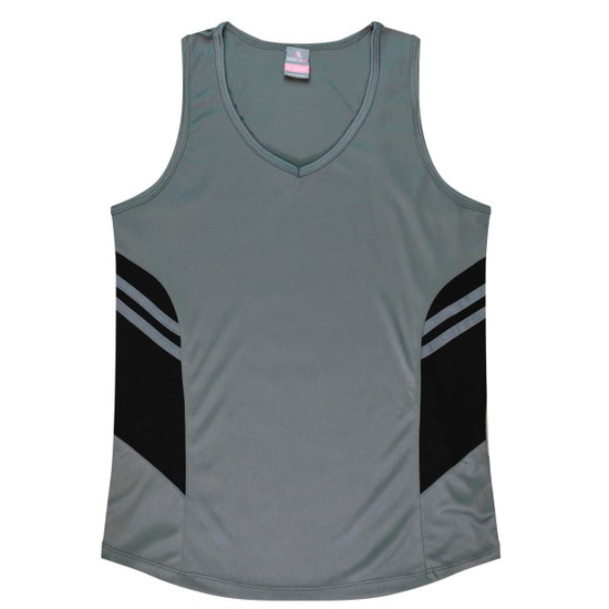 A grey singlet with black side panels and a v-neck design. It features a logo on the upper part.