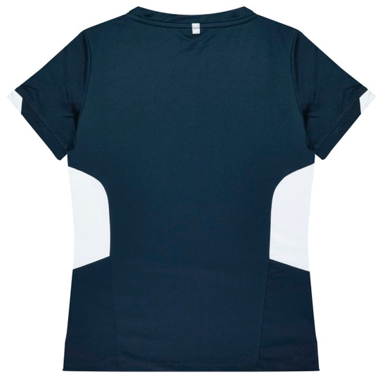 A dark navy T-shirt featuring white side panels and a simple design. It has a branding logo on the back.
