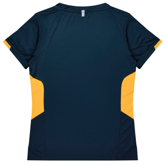 A navy blue women's T-shirt featuring yellow side panels and a logo.