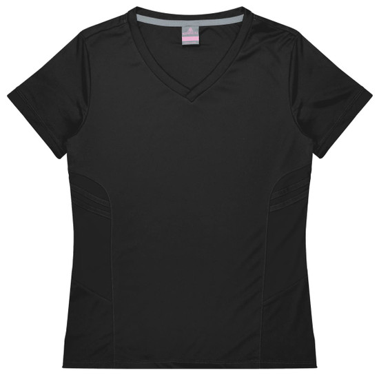 A black v-neck women's t-shirt with textured side panels and a logo. Suitable for casual or active wear.