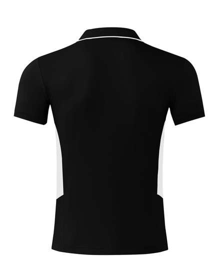 A black polo shirt with white side panels and a logo on the back. Short sleeves and a collar design.
