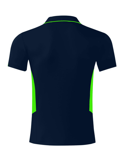 A navy polo shirt with green accents, featuring a collar and short sleeves. The design includes a logo.
