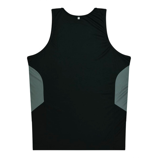 A black singlet with grey side panels and a logo, designed for men.