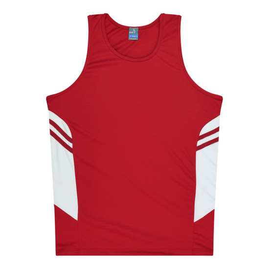 A red singlet with white detailing on the sides and a logo on the neckline.