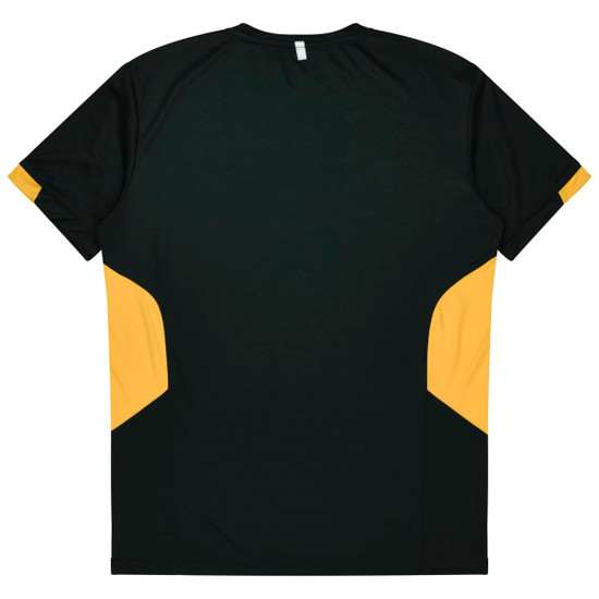 A T-shirt featuring a dark green body with yellow accents on the sides and back. It has a logo.