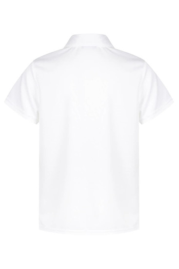 A white polo shirt with a collar and short sleeves, featuring a logo on the back.