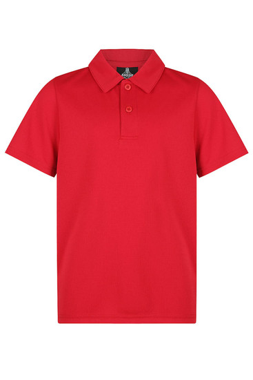 A red polo shirt featuring a collar, button placket, and a logo on the chest. Suitable for kids' sports uniforms.
