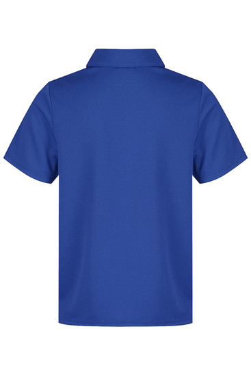 A blue polo shirt with a collar and short sleeves. The back features a logo or branding.