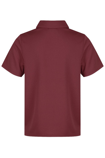 A maroon kids' polo shirt featuring a collar and short sleeves, with a small logo on the back.