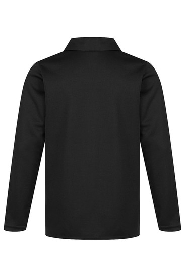 A black long-sleeved polo shirt with a collar, featuring a logo on the front.