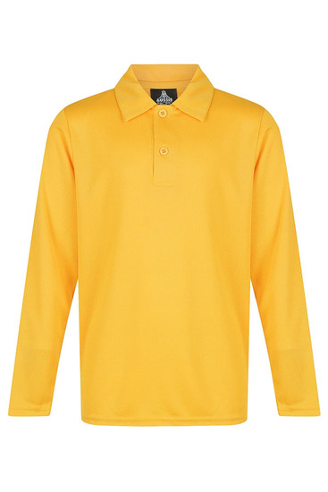 A long-sleeved polo shirt in bright yellow, featuring a collar and button placket, with a logo on the label.