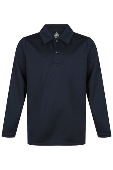 A long-sleeved navy polo shirt featuring a collar and buttons, with a logo on the chest. Ideal for casual wear.