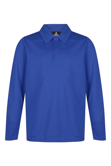 A long-sleeve polo shirt in bright blue with a collar and a button placket. It features a logo at the neck.