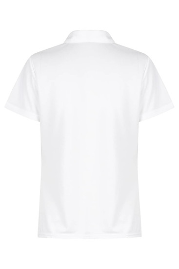 A white polo shirt featuring a collar and short sleeves, with a small logo on the back.