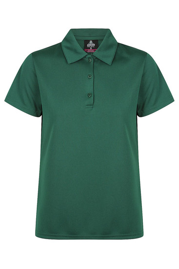 A green polo shirt with a collar, featuring three buttons and a logo. Suitable for casual or active wear.