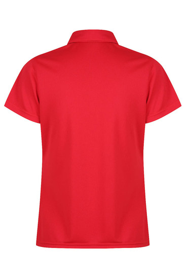 A vibrant red polo shirt featuring a classic collar and short sleeves, with a logo on the back.