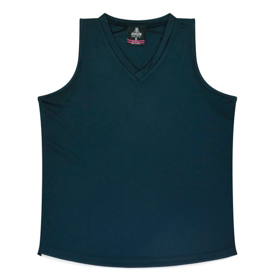 A dark green singlet with a V-neck design. Features stitching details and has a branding logo.