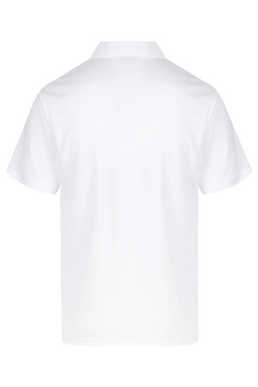 A white polo shirt with a classic collar and short sleeves. The back view features a simple design and a logo.