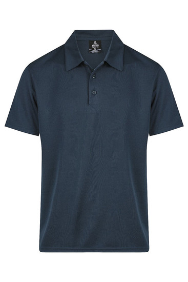 A dark navy polo shirt featuring a collar and buttons, with a logo on the upper section.