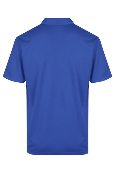 A blue men's polo shirt featuring a collar and short sleeves, with a logo on the design.