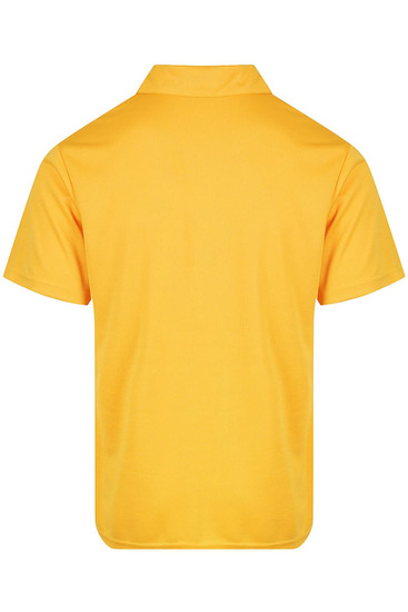 A yellow men's polo shirt, featuring a collar and short sleeves, with a back view and a logo.