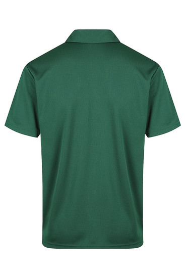 A green polo shirt with a classic collar and short sleeves, featuring a logo on the back.