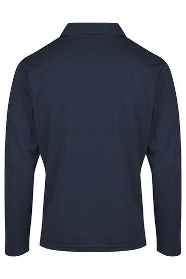 A navy blue men's polo shirt with long sleeves and a collar, featuring a branding logo.