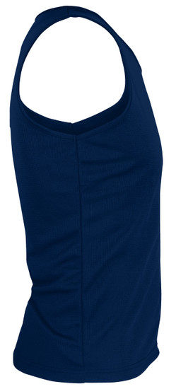 A navy blue men's singlet with a fitted design and a rounded neckline, featuring a logo.