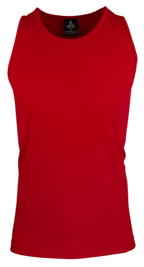 A red men's singlet featuring a round neckline and a logo on the inside label.