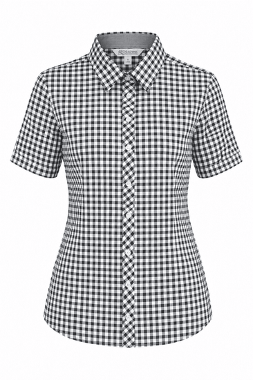 A short-sleeve button-up shirt in a black and white gingham pattern with a collar and a logo.