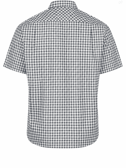 A short-sleeve button-up shirt featuring a black and white checkered pattern, with a collar and a logo.