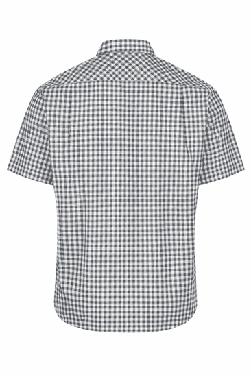 Short-sleeve button-up shirt in a grey and white checkered pattern with a collar and a branding logo.