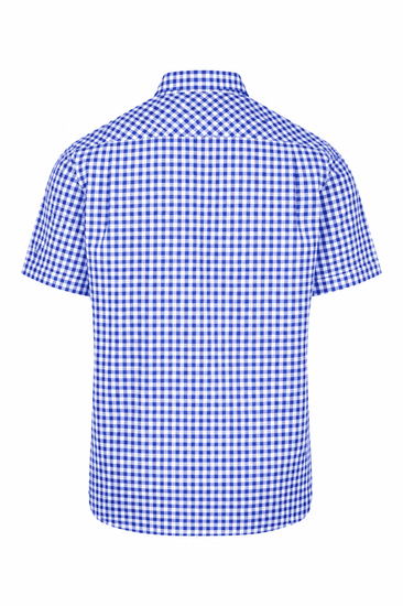 Short-sleeve button-up shirt in blue and white checkered pattern with a standard collar and no visible logos.
