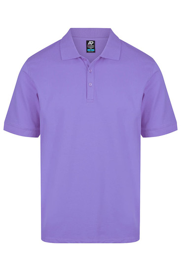 A short-sleeved polo shirt in a light purple shade, featuring a collar and a logo.