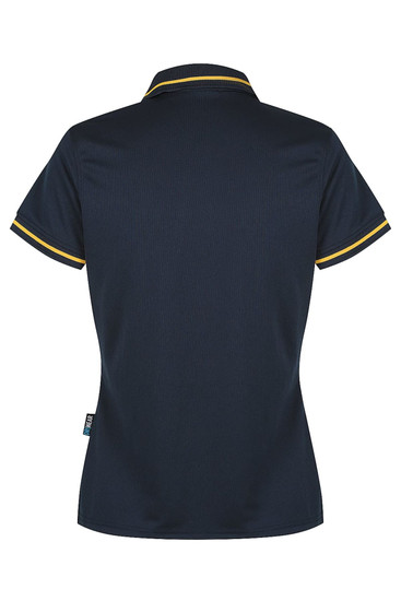A dark navy polo shirt with yellow trim, featuring a collar and short sleeves. It includes a logo branding.