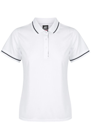 A white polo shirt with a collar and contrasting trim, featuring a logo on the chest.