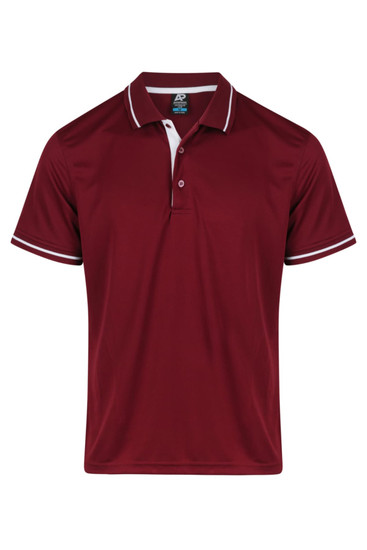 A maroon polo shirt featuring a white collar and sleeve trims, with a logo on the chest.