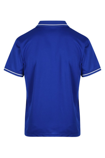 A blue polo shirt with contrasting white trim and a logo on the chest, featuring a classic style and back view.