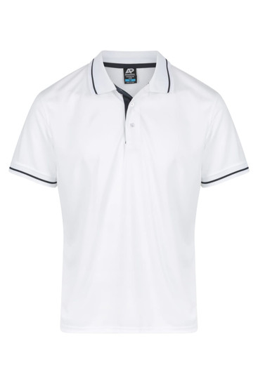 A white polo shirt with a contrasting navy collar and sleeve trim, featuring a logo on the chest.