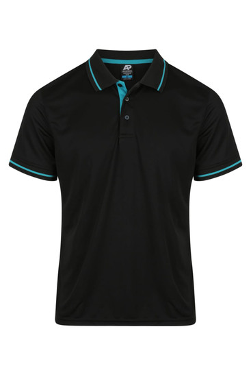 A black polo shirt with teal accents and a collar. It features a logo on the upper side.