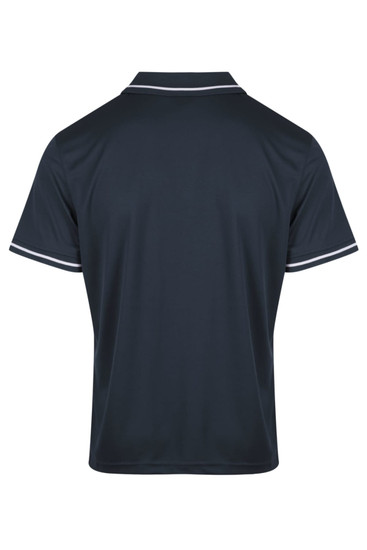 A dark polo shirt featuring two-tone stripes at the collar and sleeves, with a logo on the back.
