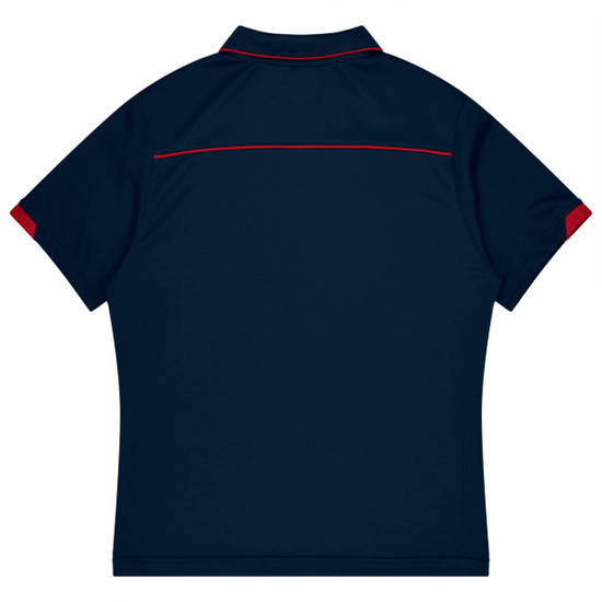 A navy blue polo shirt with red accents and a logo, designed as sports uniform apparel.