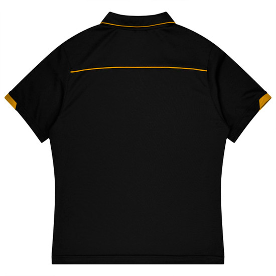 A black polo shirt featuring a yellow accent at the collar and sleeves, with a logo on the back.