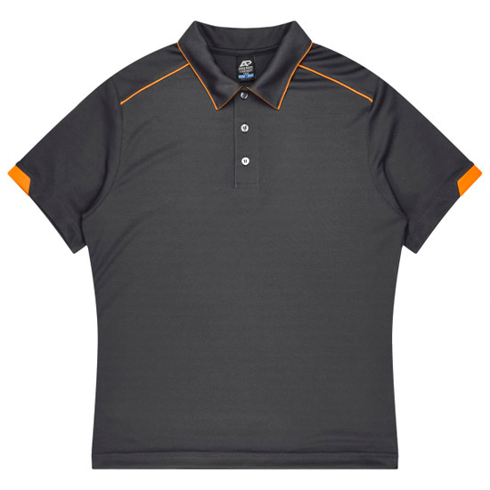 A short-sleeved polo shirt in dark grey with orange accents and a collar, featuring a logo on the chest.