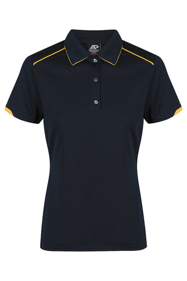A women's polo shirt in navy with yellow accents, featuring a collar and button placket. It has a logo on the chest.