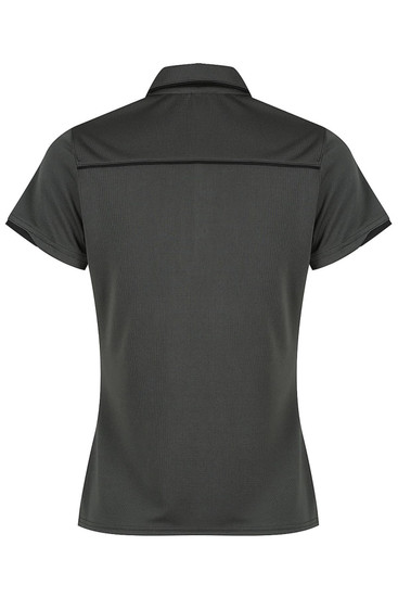A dark green polo shirt with a collared neck and short sleeves, featuring a logo on the back.