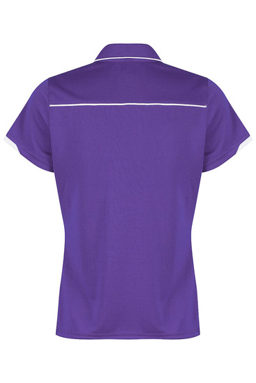 A purple polo shirt with a back view, featuring a white trim and short sleeves. It has a logo.