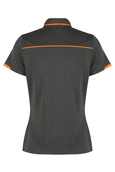 A back view of a dark grey polo shirt with orange detailing and a logo.