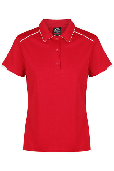 A red polo shirt with a collared neck, featuring white accents and a branding logo on the tag.