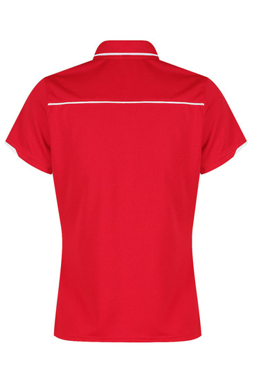 A red polo shirt featuring a white trim, with a classic collar and short sleeves. It includes a logo on the garment.
